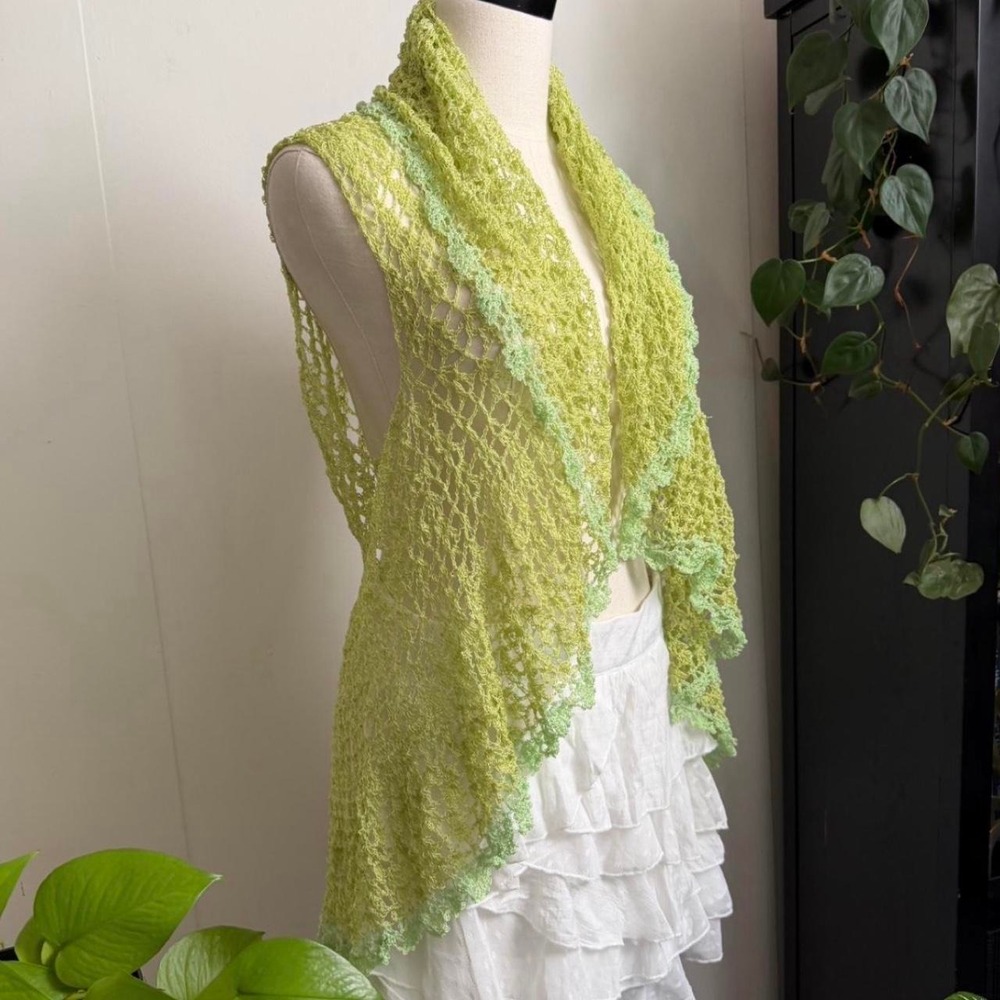Chartreuse Green Crochet Open Front High Low Festival Top Vest Shawl Large